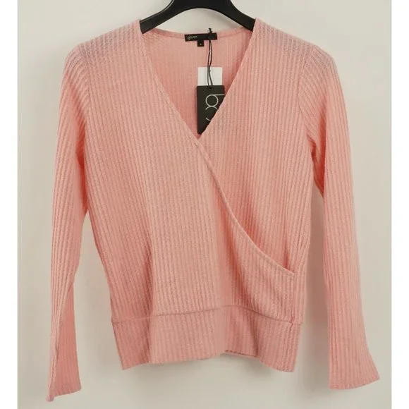 New Gibson Women's Small Pink Brushed Waffle Drape Faux Wrap Surplice V-Neck Top - Picture 1 of 10